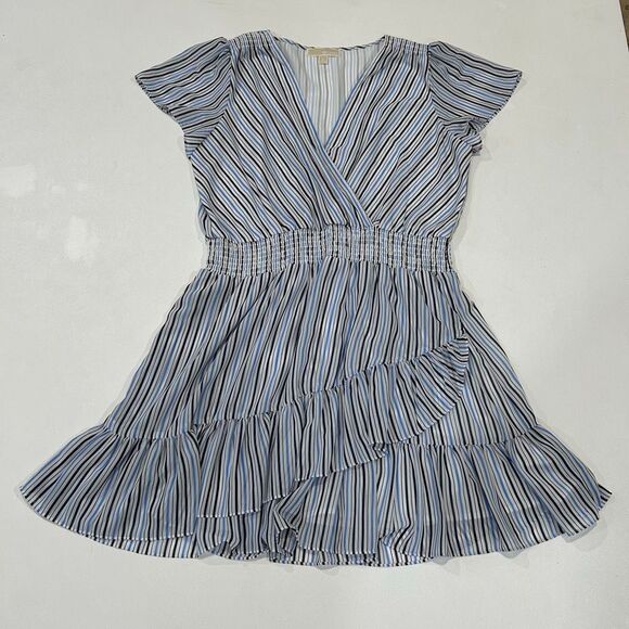 Michael Kors Blue Striped Wrap Dress XL Flutter Sleeve Ruffle Hem Summer Chic - Picture 1 of 5